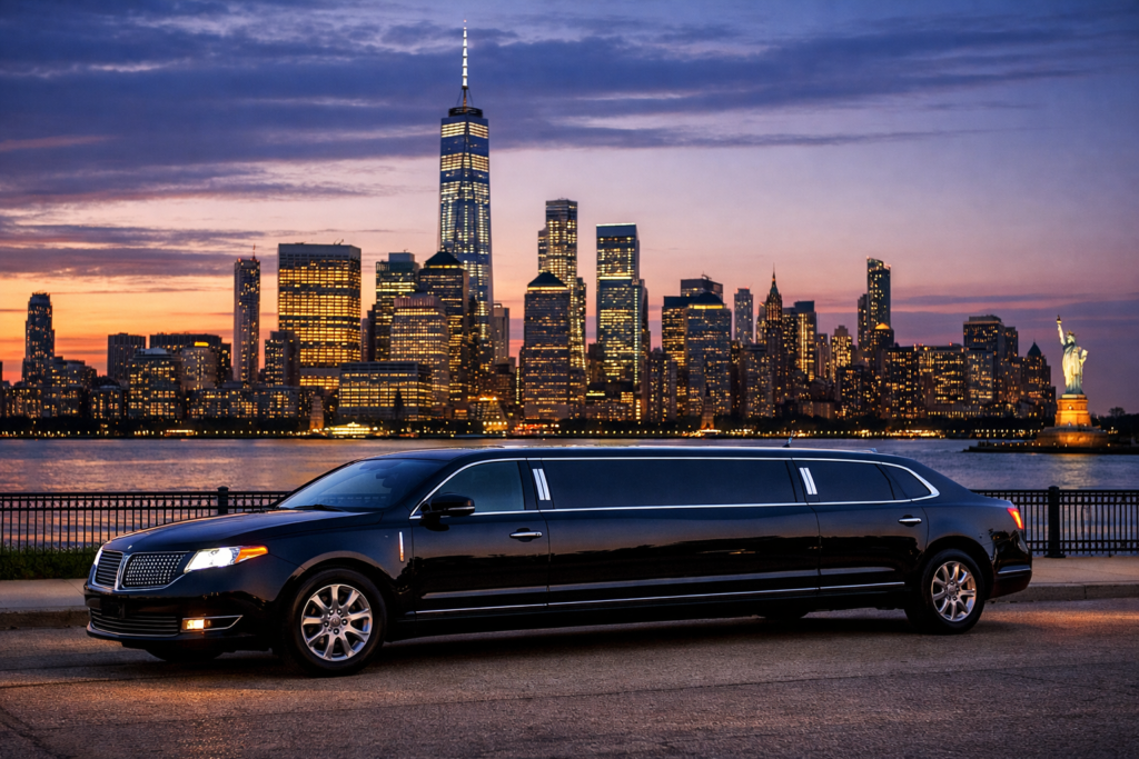 Luxury limo service in New Jersey with black stretch limousine near New York City skyline